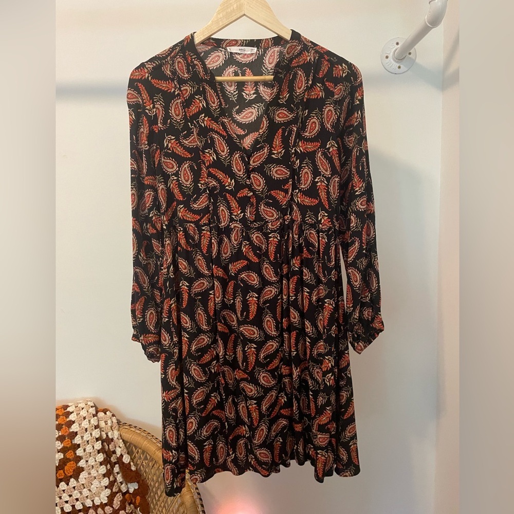 Mango Casual Paisley Babydoll V Neck Mini Dress